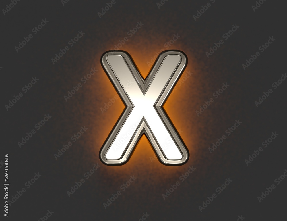 Silver metalline font with outline and yellow noisy backlight - letter X isolated on grey background, 3D illustration of symbols Silver metalline font with outline and yellow noisy backlight - letter X isolated on grey background, 3D illustration of symbols