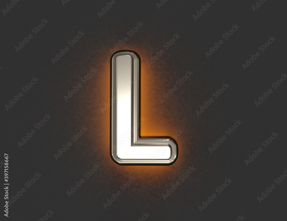 Silver metal font with outline and yellow noisy backlight - letter L isolated on grey background, 3D illustration of symbols Silver metal font with outline and yellow noisy backlight - letter L isolated on grey background, 3D illustration of symbols