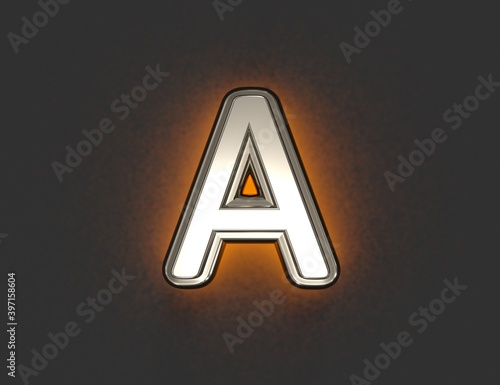 Silver metalline font with outline and orange backlight - letter A isolated on dark, 3D illustration of symbols