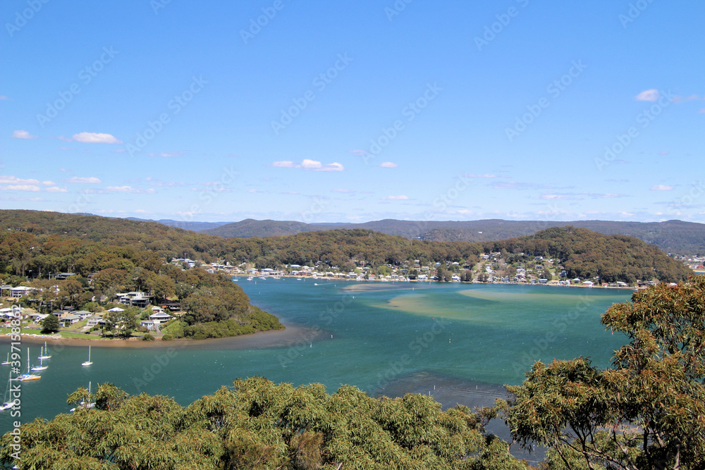 Yachts Moored in Brisbane Water. A view from Allen Strom Lookout looking towards Ettalong Beach Sydney New South Wales Australia