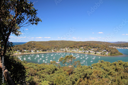 Yachts Moored in Brisbane Water. A view from Allen Strom Lookout looking towards Ettalong Beach Sydney New South Wales Australia © Diane