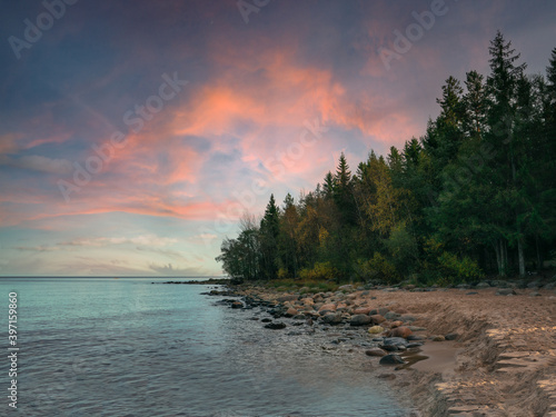 Ladoga dawn. Beautiful nature, sky, lake and forest.