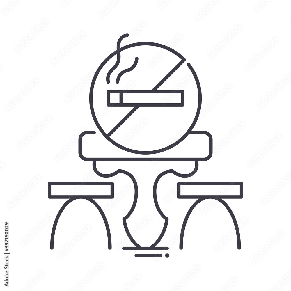 No smoking area icon, linear isolated illustration, thin line vector, web design sign, outline concept symbol with editable stroke on white background. No smoking area icon, linear isolated illustration, thin line vector, web design sign, outline concept symbol with editable stroke on white background.