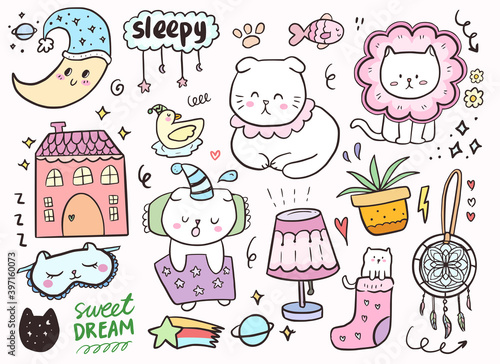 Set with cute cat sleeping. cat cartoon doodle drawing with moon and houses.