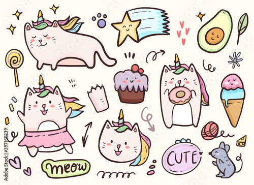 Unicorn cat playing with cake and donuts drawing doodle collection
