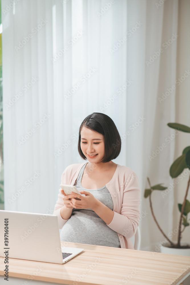 pregnant girl using laptop and cellphone in living room pregnant girl using laptop and cellphone in living room