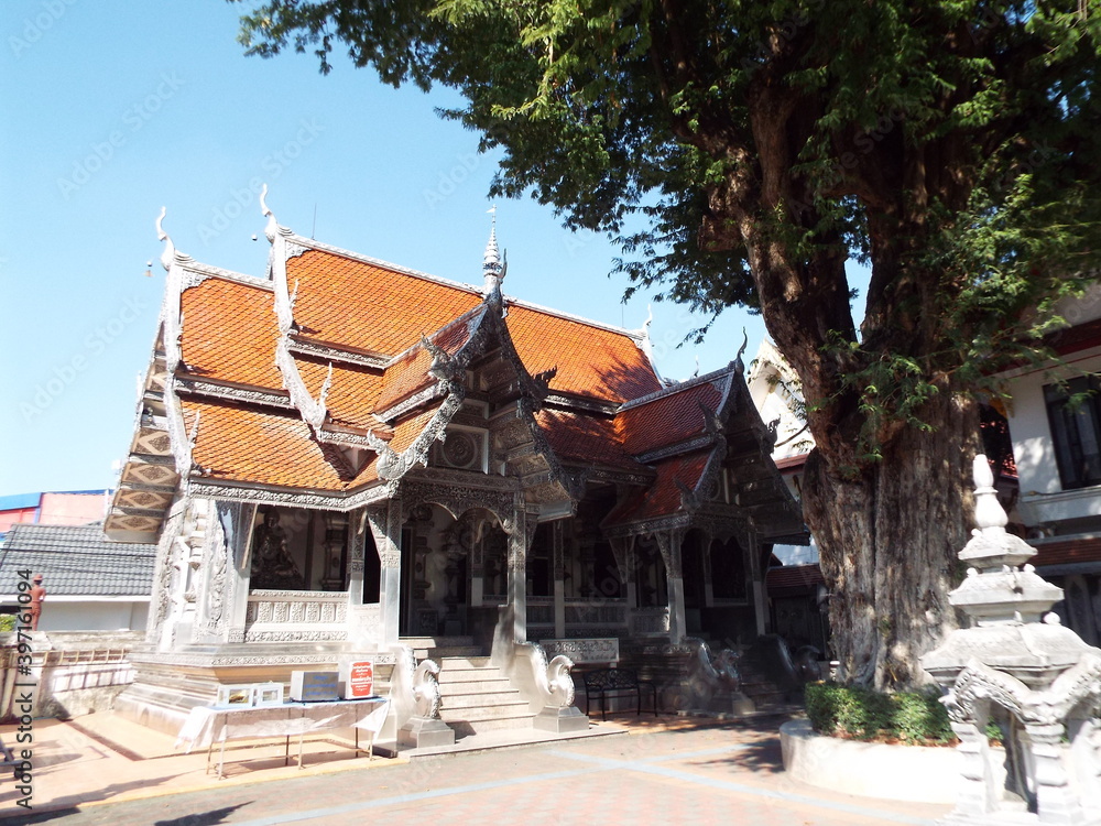 Chiang Mai, Thailand, December 6, 2018: Main facade of Wat Muen San temple, Chiang Mai silver temple