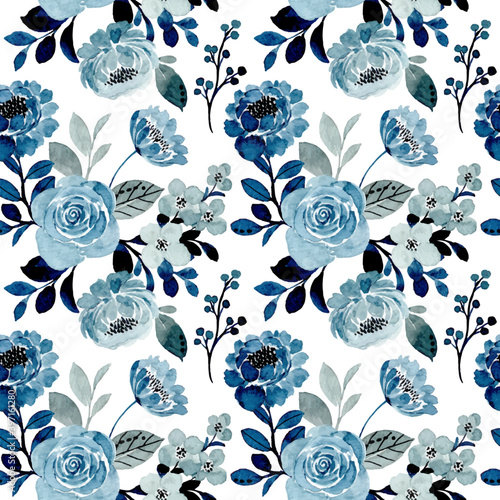 Blue gray floral watercolor seamless pattern