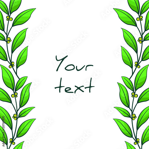 Vertical foliate borders  twigs with green leaves and yellow berries  for greeting cards  invitations  posters  banners.