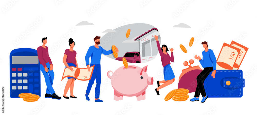Banner for saving money and lending financial services with business people saving money in piggy bank and wallets. Bank account savings and loan or mortgage concept, vector illustration isolated.