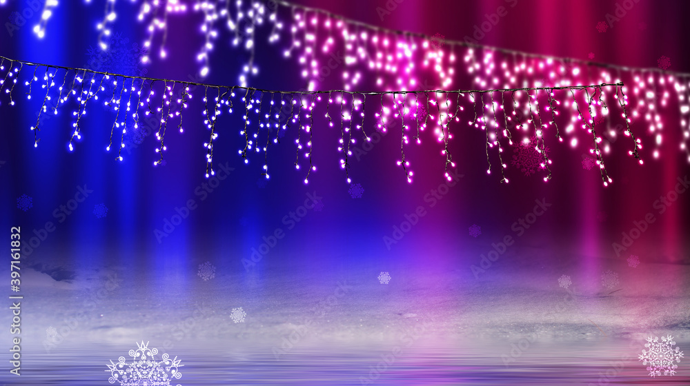 Obraz premium Christmas festive garlands on a dark background, bokeh. Reflection of lights in the snow. Empty abstract party background. Night view of the decorated street. 3d illustration