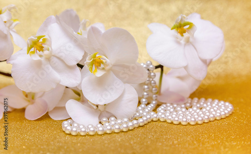 White Orchid and pearl necklace on a shiny gold background 