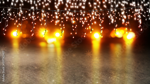 Christmas festive garlands on a dark background, bokeh. Reflection of lights in the snow. Empty abstract party background. Night view of the decorated street. 3d illustration © Laura Сrazy