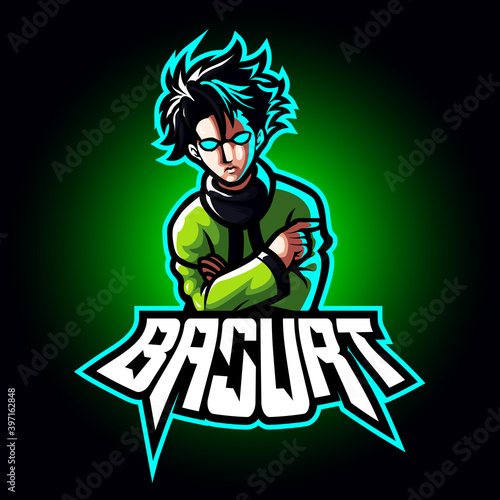 Mascot esport character logo gaming green jacket costume ninja modern . Logo gaming for team squad.