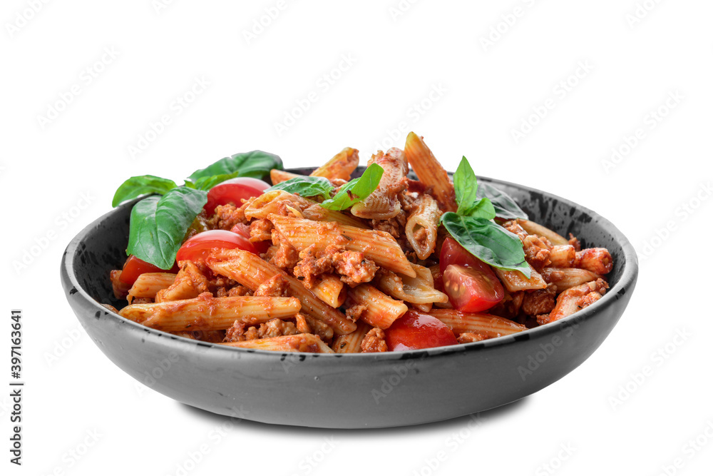 Plate of penne pasta with tomato sauce on white background Plate of penne pasta with tomato sauce on white background