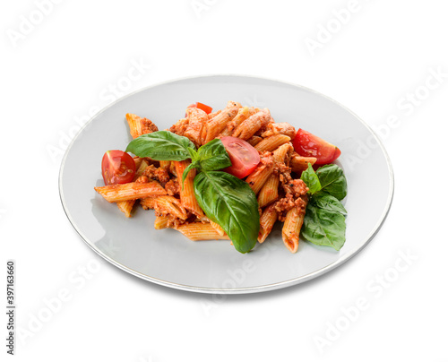 Plate of penne pasta with tomato sauce on white background