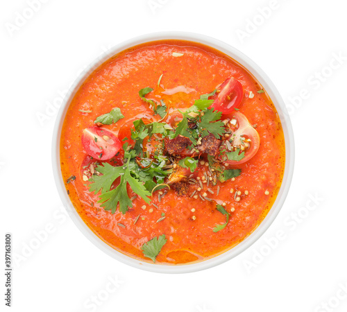 Bowl of tomato cream soup isolated  on  white background