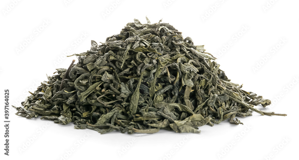 Dry green tea on white background Dry green tea on white background