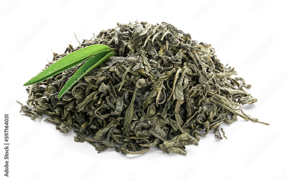 Dry green tea on white background Dry green tea on white background