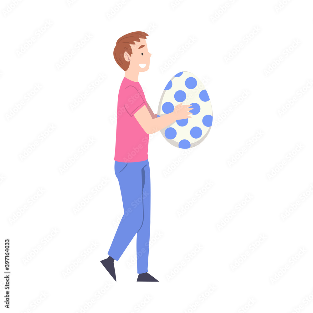 Teenage Boy Carrying Huge Decorated Easter Egg, Happy Easter Concept Cartoon Style Vector Illustration Teenage Boy Carrying Huge Decorated Easter Egg, Happy Easter Concept Cartoon Style Vector Illustration
