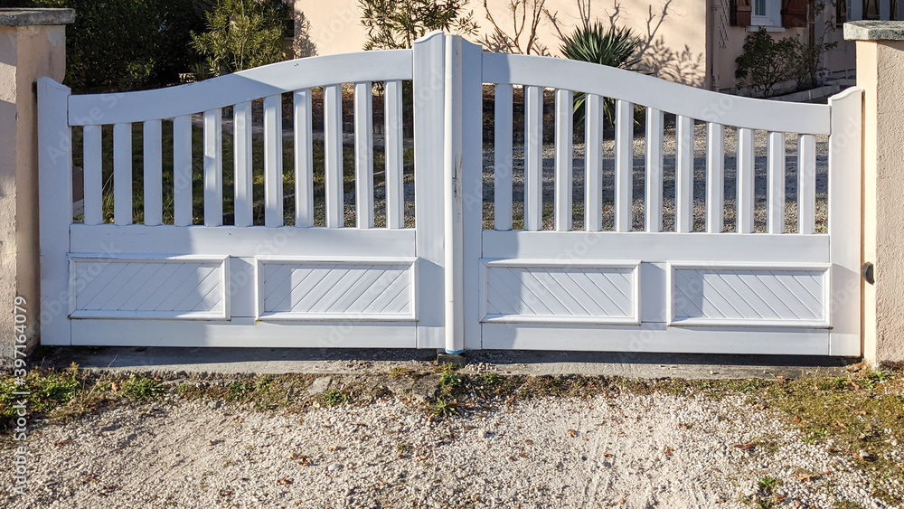 white aluminum home gate portal of modern suburb house white aluminum home gate portal of modern suburb house