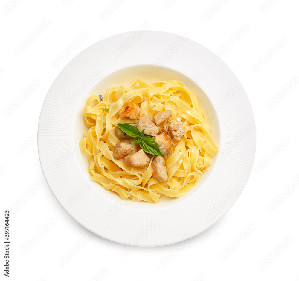 Plate of tasty pasta with chicken on white background Plate of tasty pasta with chicken on white background