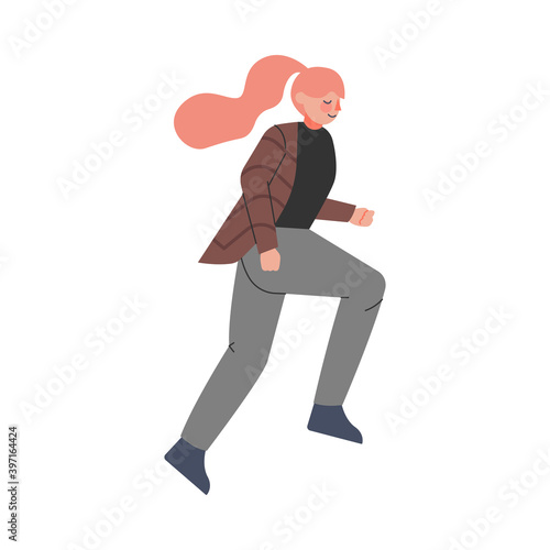 Young Female Trotting and Running Ahead in a Hurry Vector Illustration