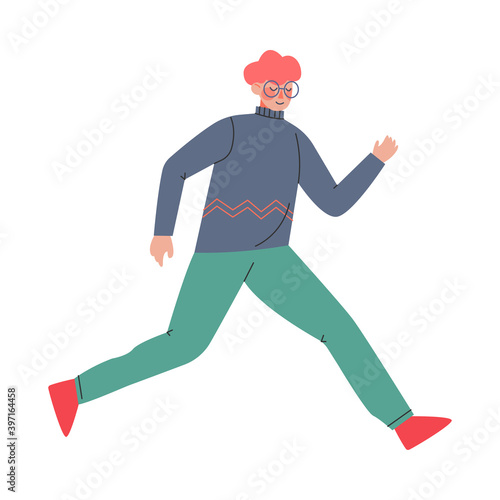 Young Male in Glasses Trotting and Running Ahead in a Hurry Vector Illustration