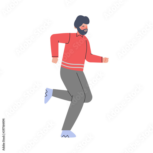 Young Bearded Male Trotting and Running Ahead in a Hurry Vector Illustration