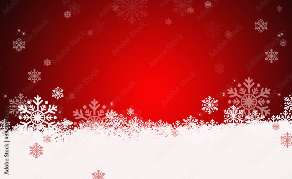 Snow red background. Christmas snowy winter design. White falling snowflakes, abstract landscape. Cold weather effect.