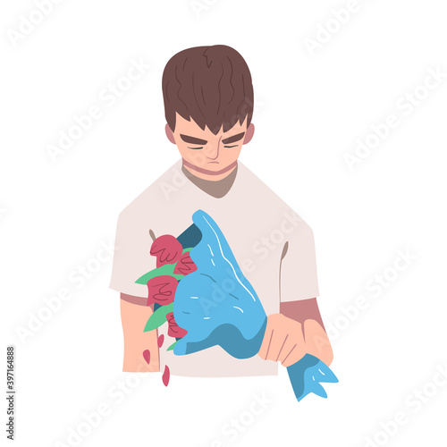 Sad Male Character with Bunch of Flowers Suffering Because of Lost Love and Heartbreak Vector Illustration