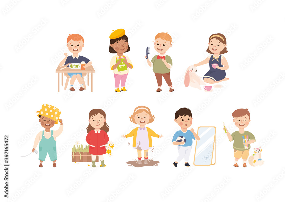 Little Boy and Girl Eating Breakfast, Grooming, Jumping in Mud and Picking Flowers Vector Set Little Boy and Girl Eating Breakfast, Grooming, Jumping in Mud and Picking Flowers Vector Set