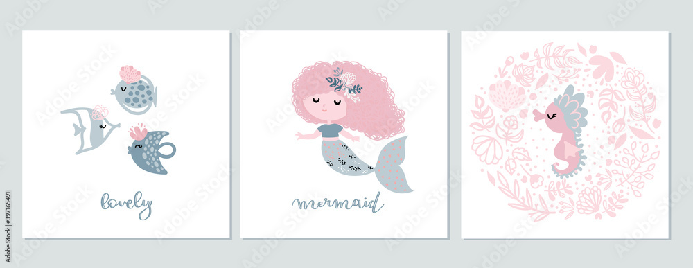 cute mermaid and cartoon sea animals