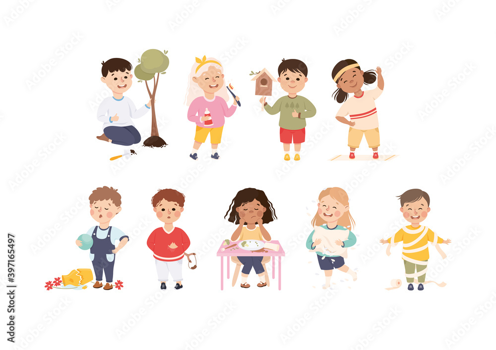 Little Boy and Girl Planting Tree, Breaking Vase, Playing with Toilet Paper and Doing Physical Exercise Vector Set