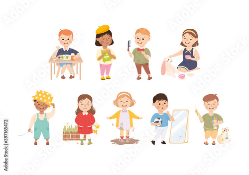Little Boy and Girl Eating Breakfast, Grooming, Jumping in Mud and Picking Flowers Vector Set