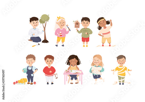 Little Boy and Girl Planting Tree, Breaking Vase, Playing with Toilet Paper and Doing Physical Exercise Vector Set
