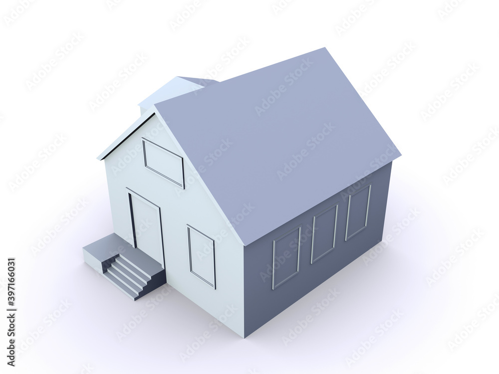 3d illustration. Gray model of a simple house without textures, isolated on a white background. 3d illustration. Gray model of a simple house without textures, isolated on a white background.