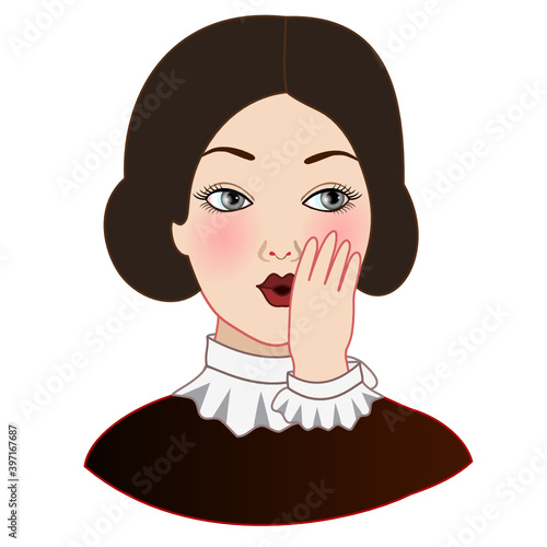 emoji spreading rumors by whispering to someone's ear, funny cartoon character with simplistic facial expression, hand drawn woman emoticon, vector illustration