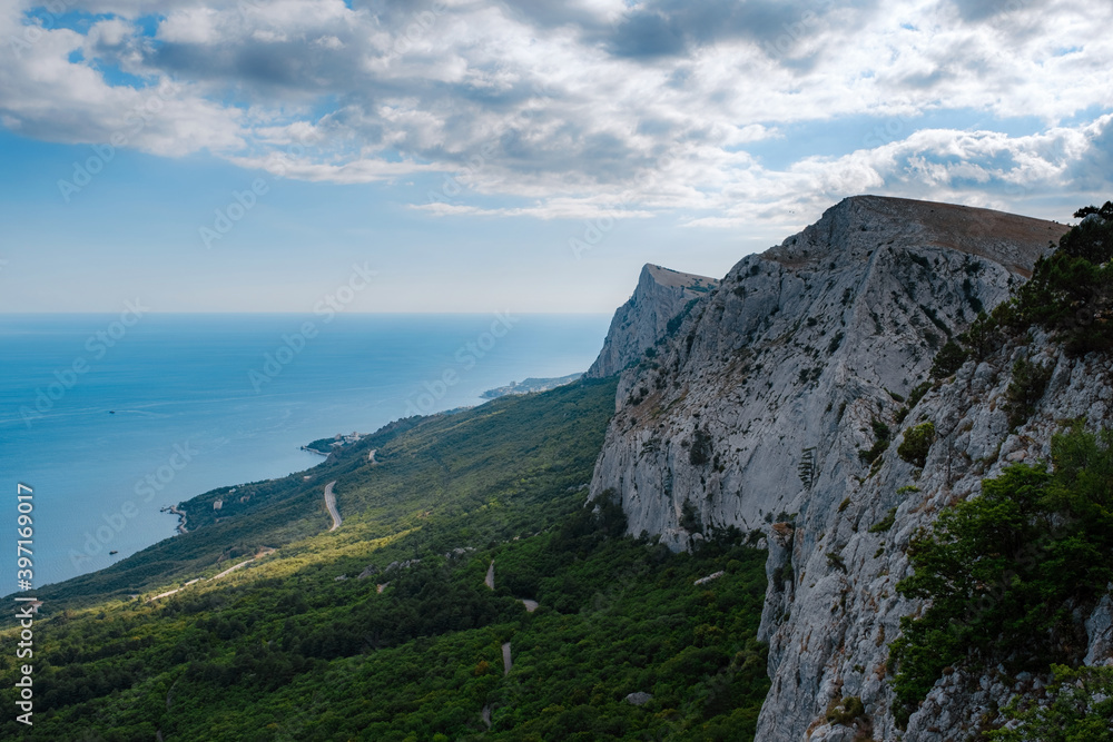 Amazing cliffs in the calm sea. Crimea, Russia. View from the sea.