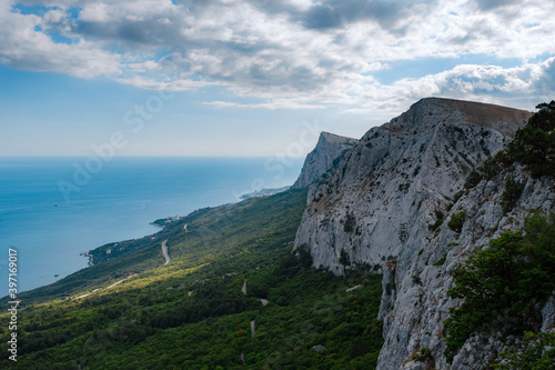 Amazing cliffs in the calm sea. Crimea  Russia. View from the sea.