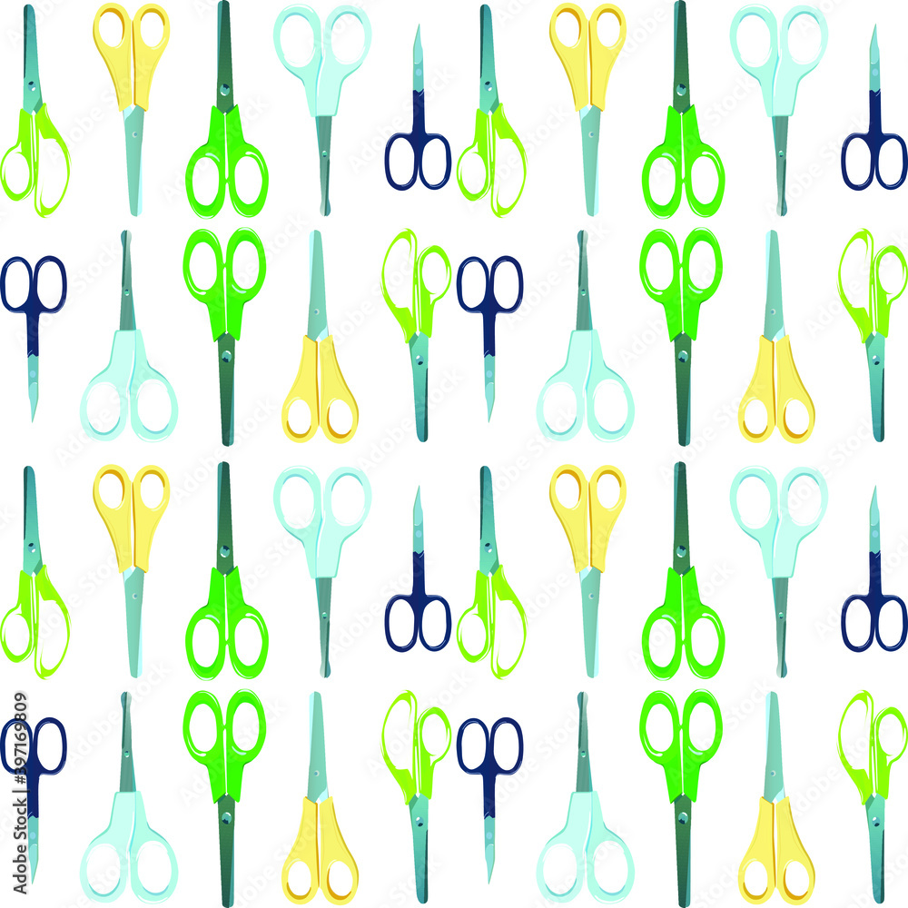 A set of different types of scissors for different purposes. Scissors for needlework, office, nails, applications, sewing, children and manicure. 