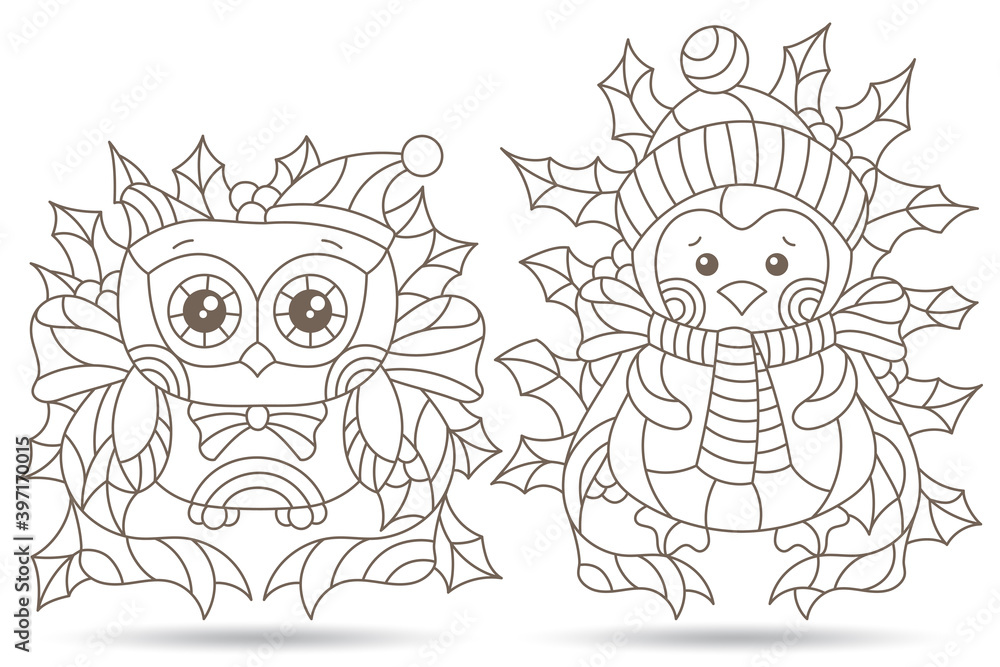 Set of contour illustrations in stained glass style with toy owl,penguin and Holly branches, dark outlines isolated on a white background