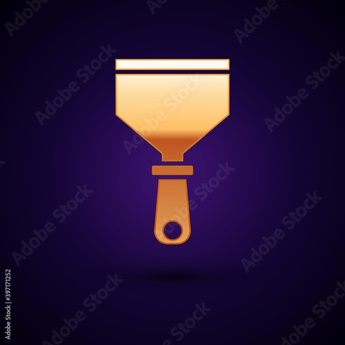 Gold Putty knife icon isolated on black background. Spatula repair tool. Spackling or paint instruments. Vector.