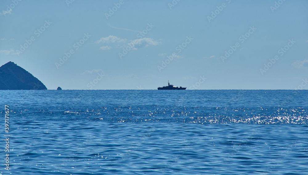 Turkish warship guards the water