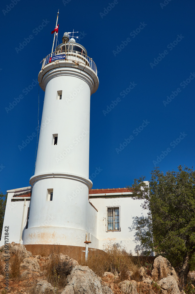 Gelidonya Lighthouse at cape in Mediterranean sea