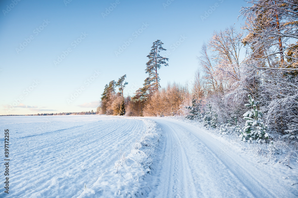 A beautiful, calm winter landscape in the rural area of Latvia, northern Europe. Snow covered nature scenery. A beautiful, calm winter landscape in the rural area of Latvia, northern Europe. Snow covered nature scenery.