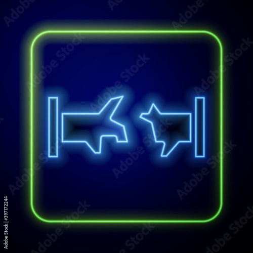 Glowing neon Broken metal pipe with leaking water icon isolated on blue background. Vector.