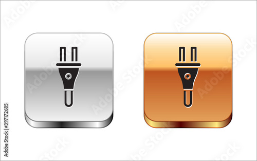 Black Electric plug icon isolated on white background. Concept of connection and disconnection of the electricity. Silver-gold square button. Vector.