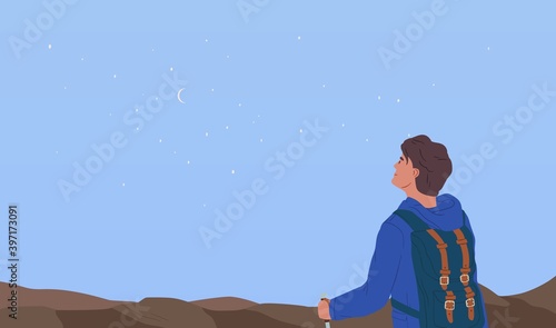 Dreamy hiker contemplating starry breathtaking sky horizon. Concept of exploration, observation and aspiration. Explorer looking at beautiful view. Flat vector illustration of night landscape