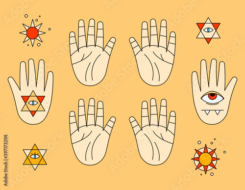 Halloween sticker pack. Palmistry, line prediction on the hands, evil eye, stars, esoteric, icons for palmist, fortuneteller, witch, magic, occultism, prediction